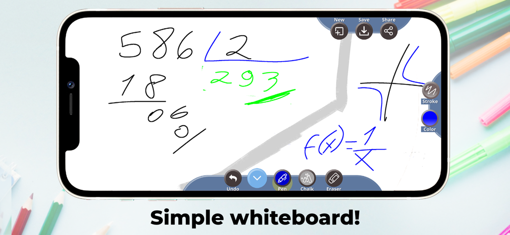 Digital whiteboard app interface on a smartphone showing math equations and function graphs