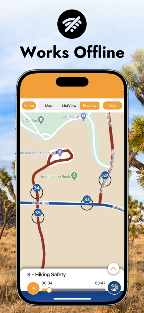 Joshua Tree Audio Tour Guide - Joshua Tree Audio Tour app interface showing an offline GPS map and an audio guide for hiking safety.