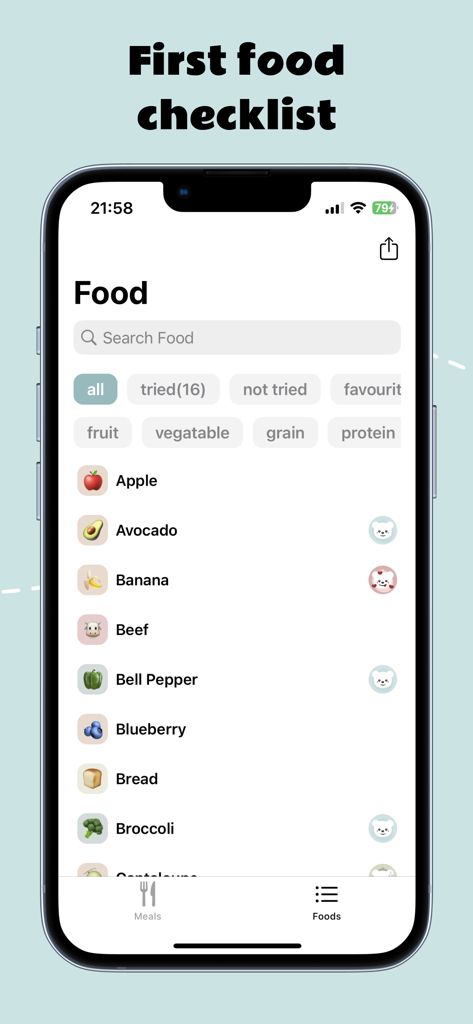 BLW Diary - Interface de l'application BLW Diary montrant une liste de contrôle complète des premiers aliments pour bébés avec des icônes de statut et des catégories