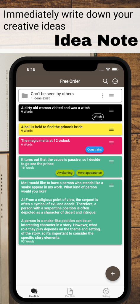 Screenshot of the Idea Note feature in Story Plotter app showing a list of color-coded story ideas and AI-assisted brainstorming notes.