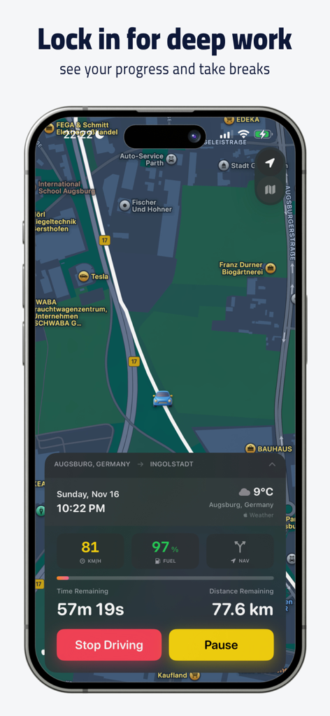 FocusDrive: Focus Timer - FocusDrive app interface displaying a car driving on a map with a timer and session progress dashboard
