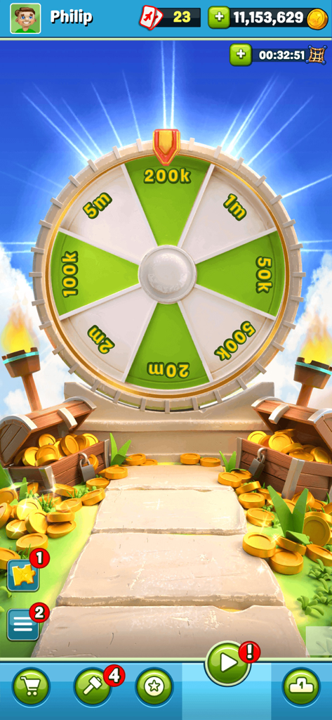 다양한 코인 보상과 보물 상자를 보여주는 코인 트립 모바일 게임의 화려한 럭키 스핀 휠