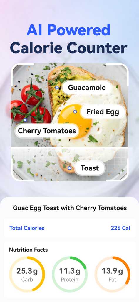 AI Calorie Counter - Appediet - El escáner de alimentos con IA de Appediet identifica ingredientes y muestra las calorías totales y los macronutrientes de una comida