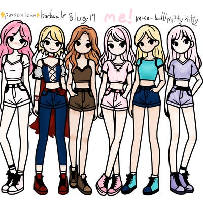 a group of girls wearing crop tops and shorts