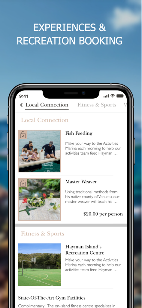 Hayman Island - 현지 체험 및 피트니스 활동 예약을 위한 헤이만 섬 앱 인터페이스