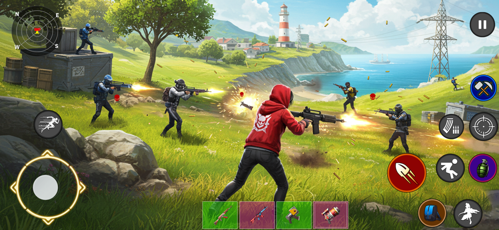 Cover Fire Max Battlegrounds - Escena de jugabilidad de un shooter en tercera persona en un campo costero con un personaje con capucha roja disparando un rifle.