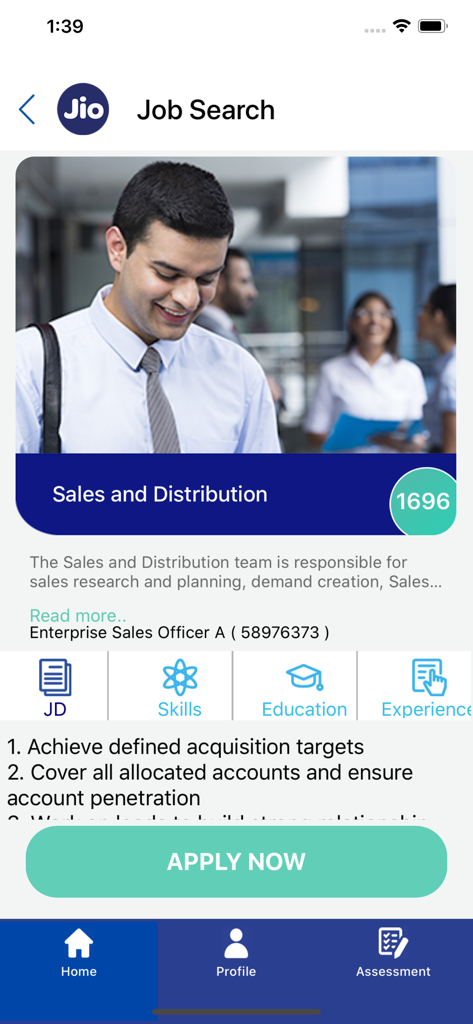 Screenshot of the Jio Careers app showing a job posting for an Enterprise Sales Officer in the Sales and Distribution category with an Apply Now button.