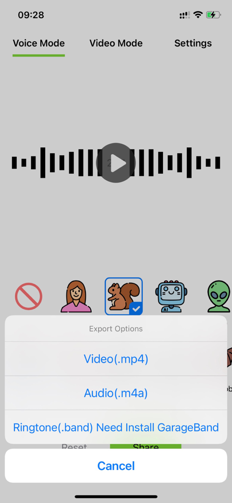 Voice Changer - Prank Call - Voice Changer app interface showing the export options for a squirrel voice effect