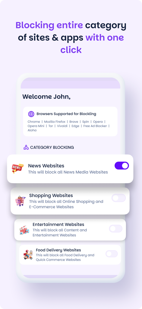 Interface of the Website Blocker app showing one-click category blocking for news, shopping, and entertainment websites.