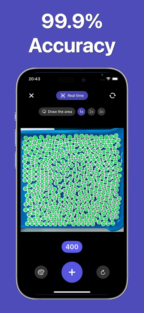 Smartphone displaying Pill Counter app counting 400 tablets on a tray with high accuracy