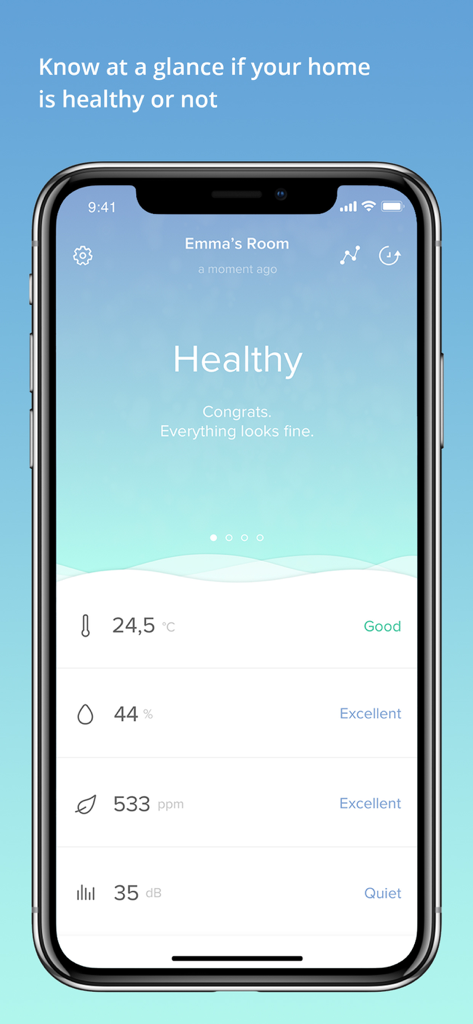 Healthy Home Coach - Healthy Home Coach app interface showing room temperature, humidity, air quality, and noise level metrics on a smartphone