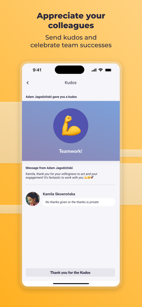 Worksmile app interface showing employee appreciation and kudos message