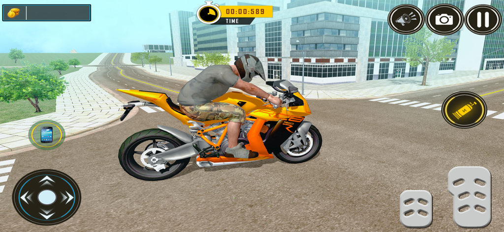 Indian Bike Driving 3D Offline - A person riding a yellow sports motorcycle in a 3D city environment