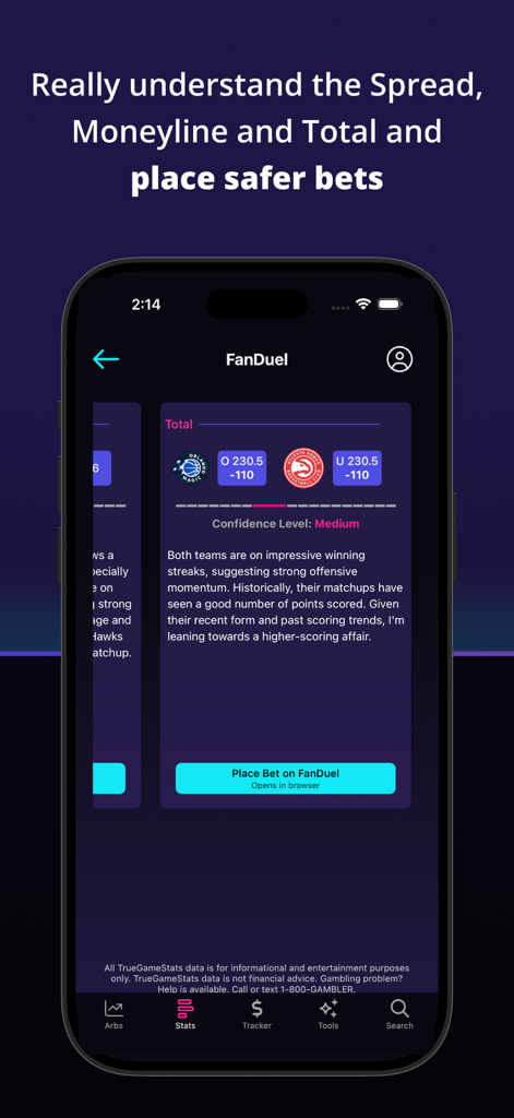 True Game Stats - True Game Stats mobile app screen displaying AI-powered betting analysis for an NBA game including confidence levels and direct links to FanDuel.