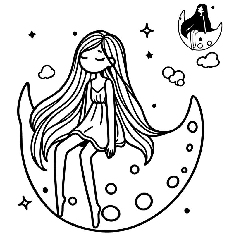 a girl siting on the moon long hair