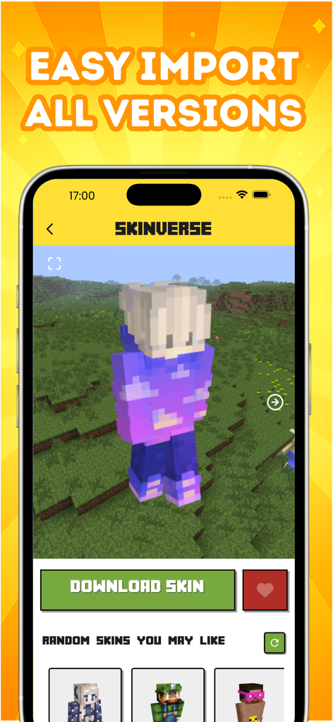SkinVerse app interface showing a 3D Minecraft skin preview with a large download button for easy importing