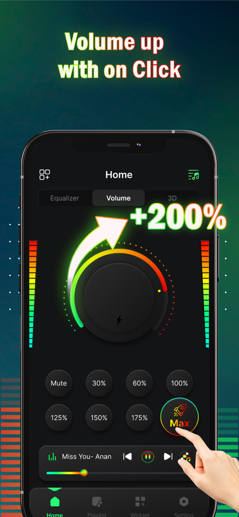 Interface do aplicativo Volume Booster com um controle de volume e botão de aumento máximo.
