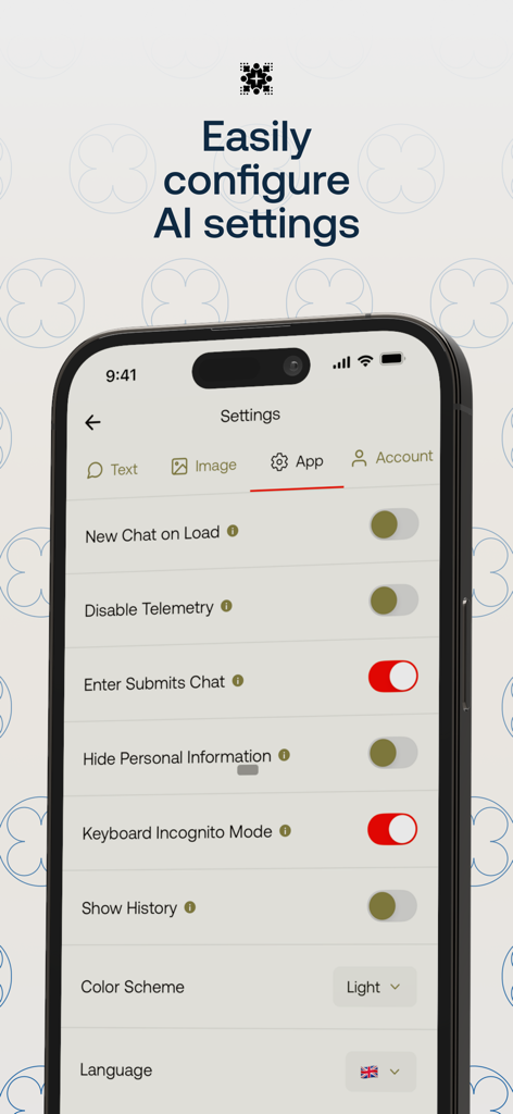 Venice AI - Interfaz de configuración de la app Venice AI mostrando controles de privacidad como deshabilitar telemetría y modo incógnito