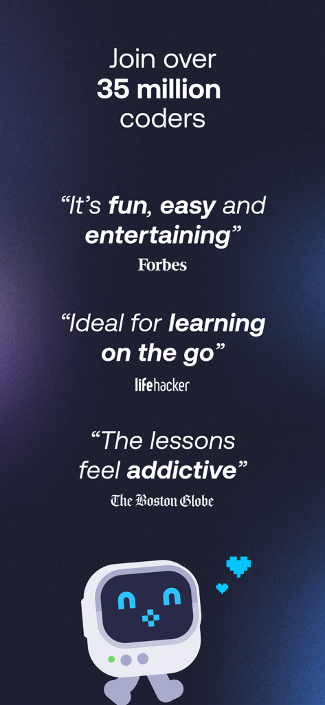 Promotional screen for Mimo coding app featuring quotes from Forbes Lifehacker and The Boston Globe