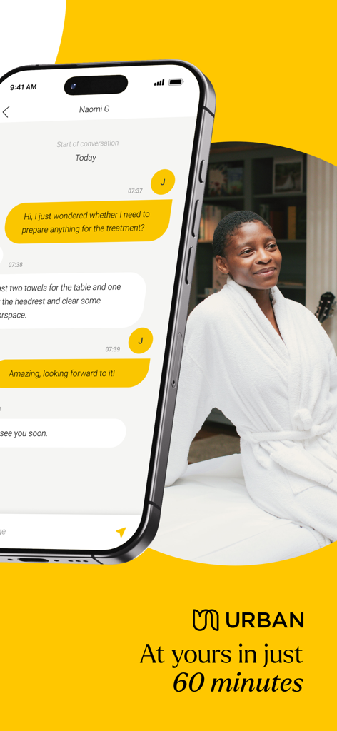 Massage at home | Urban - Urban app chat interface showing a user communicating with a massage therapist for home service