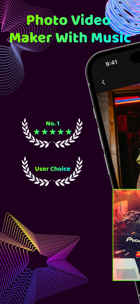 SlideShow: Video Photo Maker - Pantalla promocional de la aplicación SlideShow que presenta el creador de videos y fotos con la herramienta de música y las mejores calificaciones de los usuarios