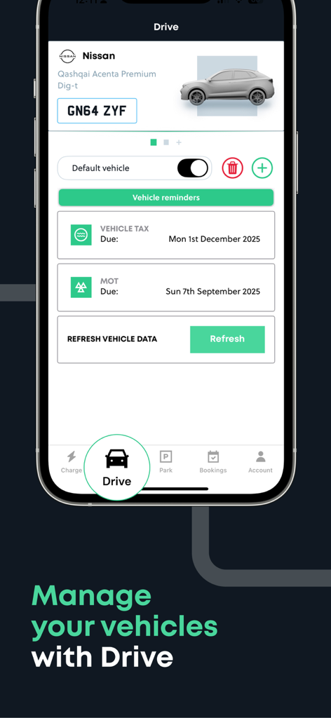 YourParkingSpace - Parking App - YourParkingSpace app interface showing vehicle details and maintenance reminders in the Drive tab