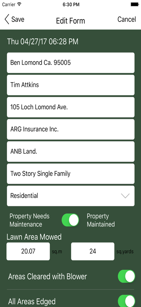 Interface of the Landscape Maintenance Pro App showing a digital form for documenting property maintenance tasks like lawn mowing and area clearing.