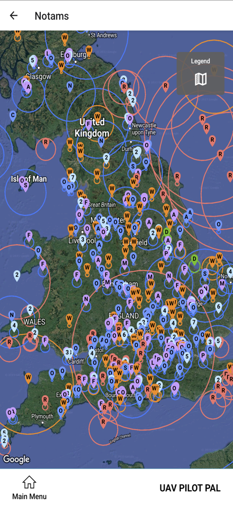 A map of the United Kingdom showing various NOTAM markers and flight restriction zones within the UAV Pilot Pal app.