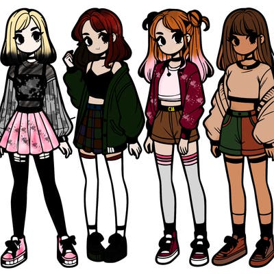 one girl with crop-top shirt and a jacket with a skirt, long socks and another girl with a shirt and pants with a jacket