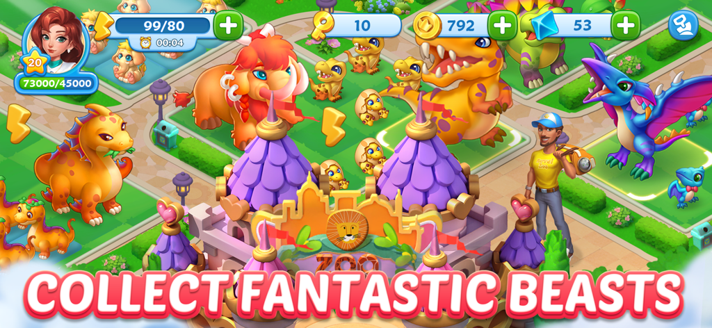 Merge Topia-Screw Jam - Merge Topia game screen showing a zoo island with various colorful dinosaurs and mammoths