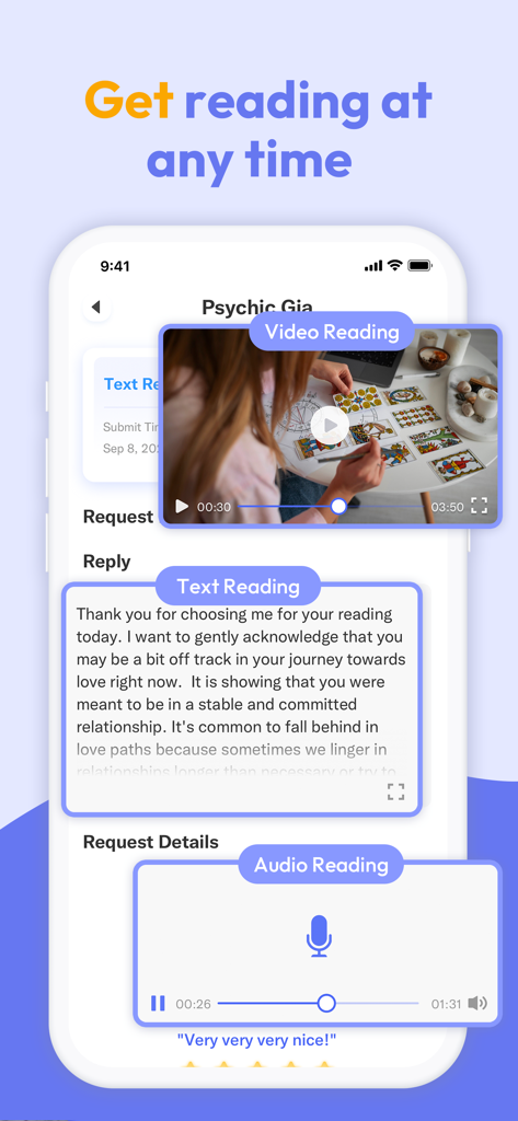 ビデオ、テキスト、オーディオの占いオプションを表示するHealerアプリのインターフェース