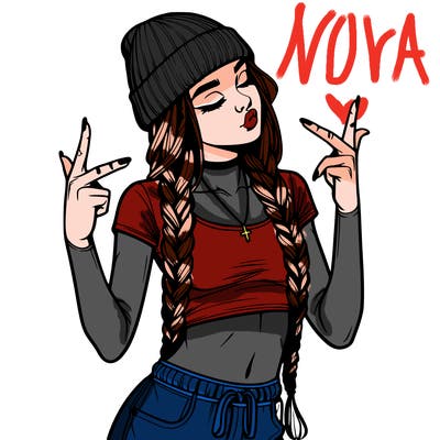 realistic teenage girl with braids and a beanie and crop top doing 🫶🏼