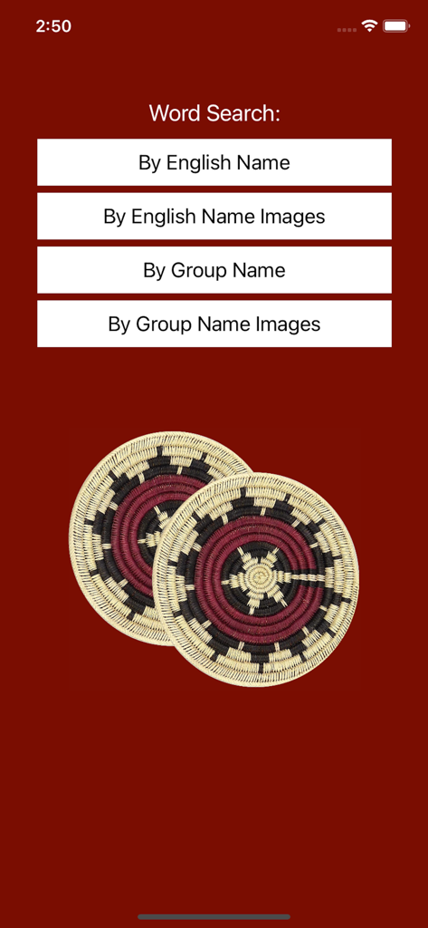 Menú de búsqueda de palabras de la aplicación Speak Navajo mostrando opciones de búsqueda en inglés y por grupo con una ilustración de cesta tradicional.