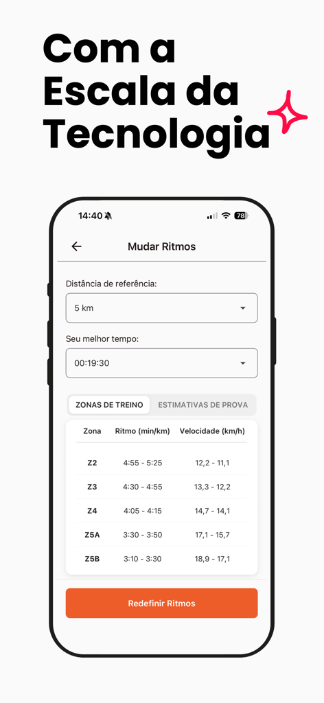 Zyla - Corrida com IA - Interface do aplicativo Zyla mostrando zonas de treino de corrida personalizadas e configurações de ritmo.