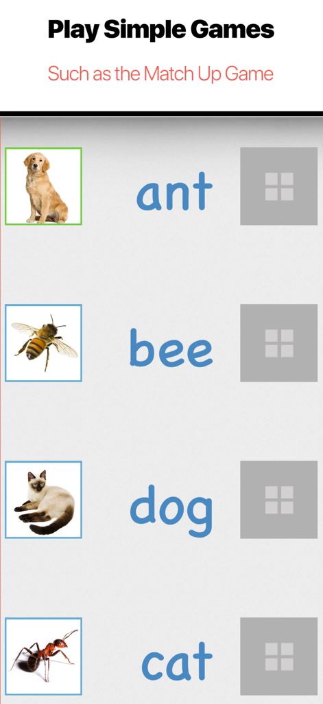 Bitsboard Flashcards PRO - A vocabulary matching game featuring pictures of animals and their names in the Bitsboard app.