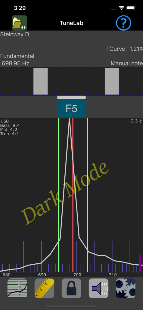 TuneLab Piano Tuner - TuneLab Piano Tuner interface in dark mode showing frequency spectrum and strobe display for a Steinway D piano note