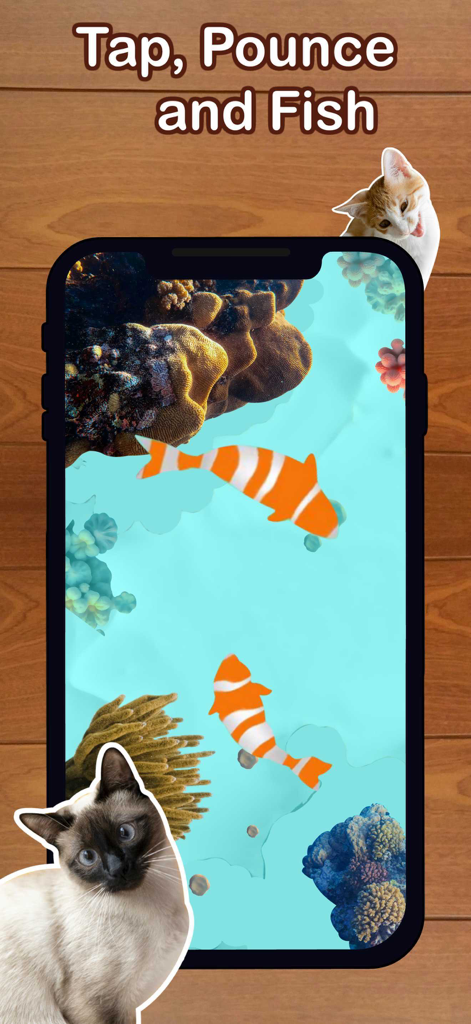 Mobile game screenshot featuring orange fish in an aquarium for cat entertainment.