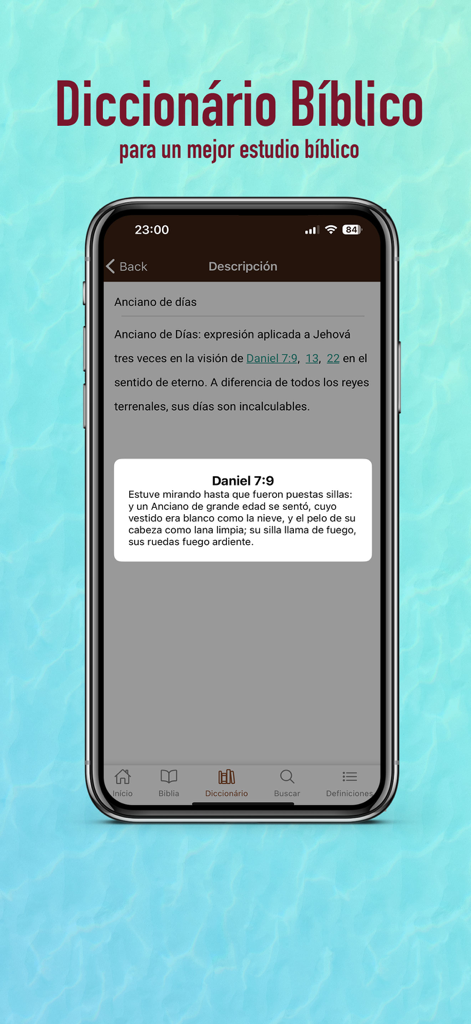Biblia Reina Valera 1909 - Écran du dictionnaire biblique dans l'application Reina Valera 1909 affichant une définition en espagnol et la recherche de versets bibliques