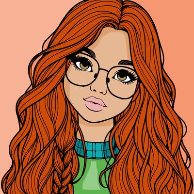 girl with long hair and freckles and glasses realistic