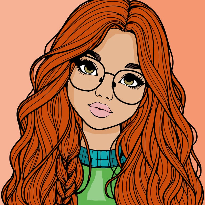 girl with long hair and freckles and glasses realistic