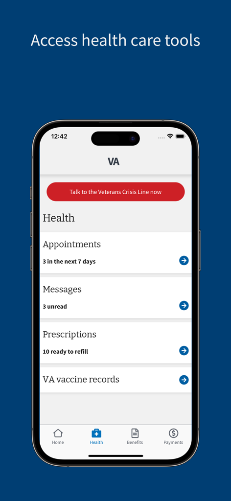 VA: Health and Benefits - VA Health and Benefits app healthcare dashboard showing appointments, messages, and prescriptions.
