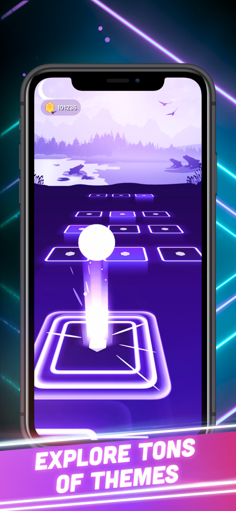 Beat Tiles 3D: Music Game - Jugabilidad de Beat Tiles 3D con una bola saltando sobre fichas moradas brillantes con un tema de paisaje escénico