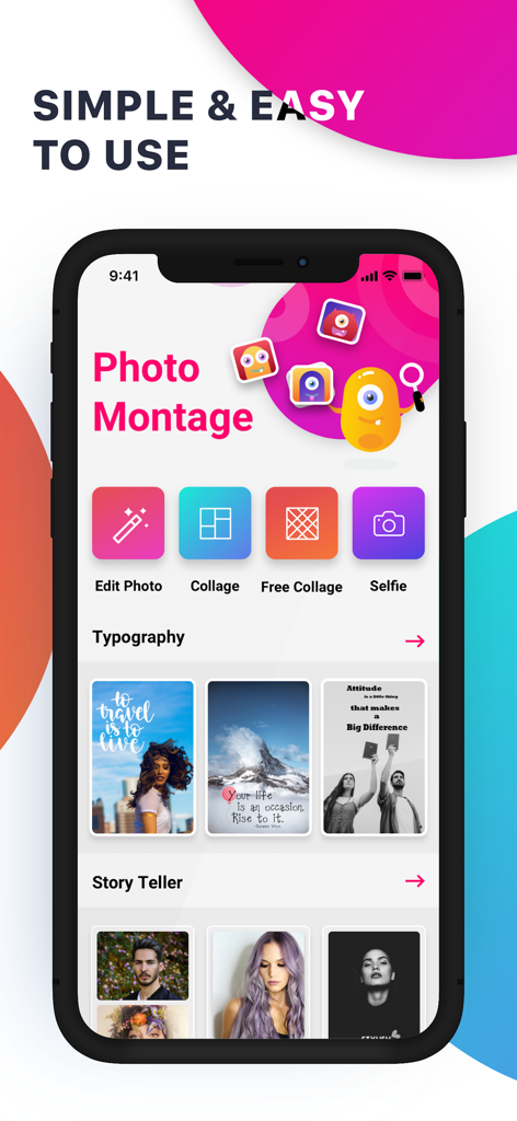 Photo Collage Maker & Layouts - Foto Montage App-Oberfläche mit Collagen- und Typografie-Funktionen