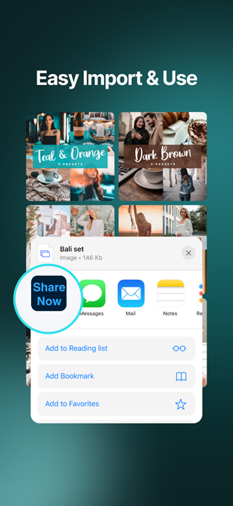 Easy import and share feature for mobile Lightroom presets
