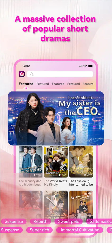 Yoo Drama app home screen showcasing a massive collection of popular short-form dramas across various genres like romance and suspense.