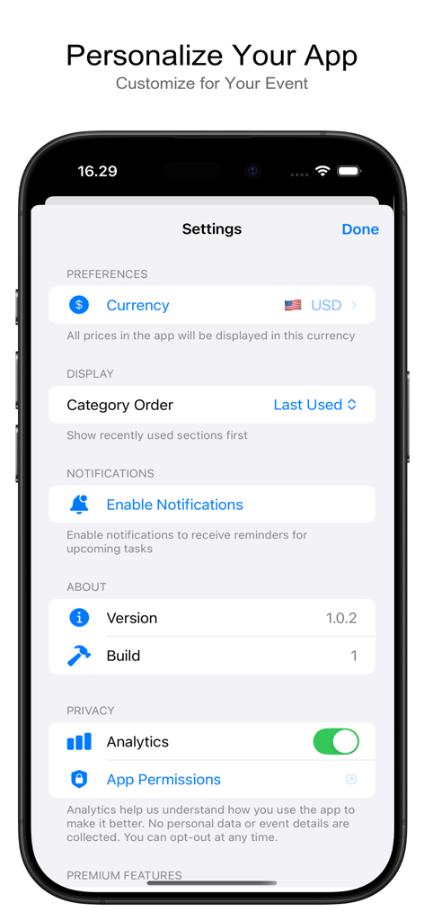 Event Stories - Party Planner - La pantalla de configuración de la aplicación Event Stories que muestra opciones de personalización para moneda y notificaciones.