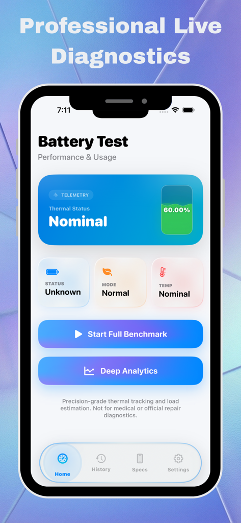 Battery Life Health: Pro Check - Live diagnostics dashboard of Battery Life Health Pro Check app showing battery level and thermal status