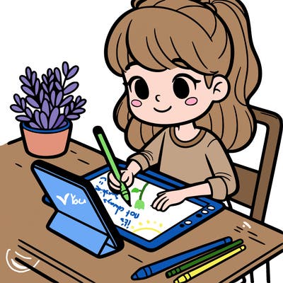 girl at desk on tablet drawing on it