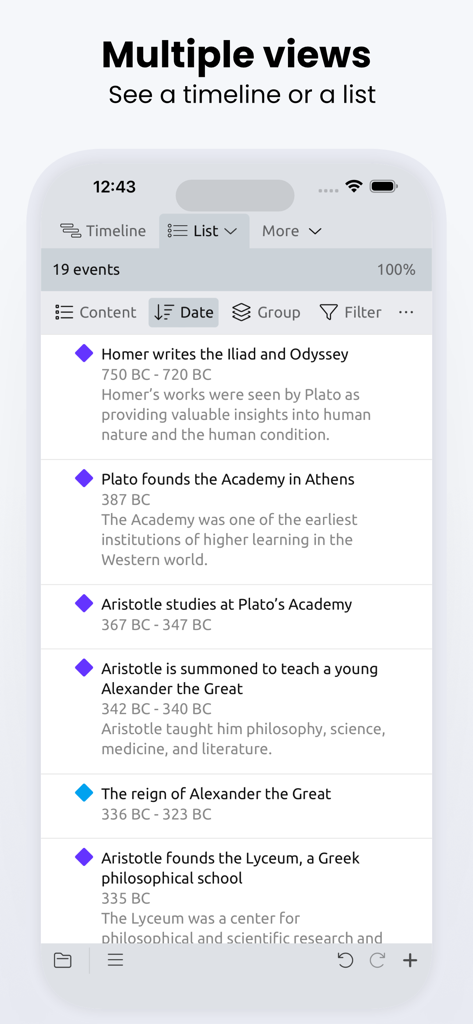 Aeon Timeline 3 - Interface de l'application mobile Aeon Timeline 3 montrant une liste d'événements historiques avec dates et descriptions.