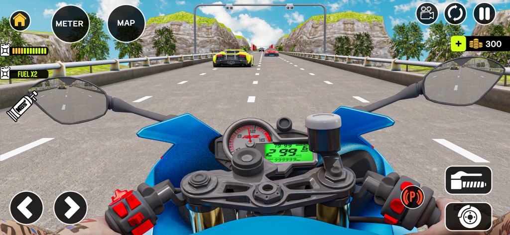 First person view from a blue motorbike racing on a highway with a digital speedometer and other cars.